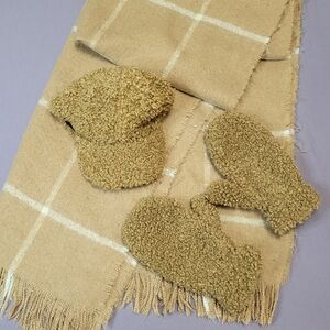 Love & Lore Cozy Tan Scarf With Teddy Bear Core Style Brown Hat and Mittens Set